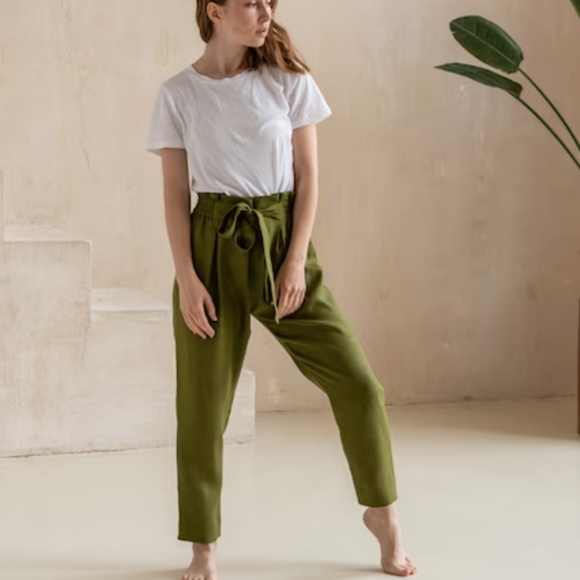 Old Navy olive green linen blend pants With Elastic Waist Medium M - Picture 11 of 15